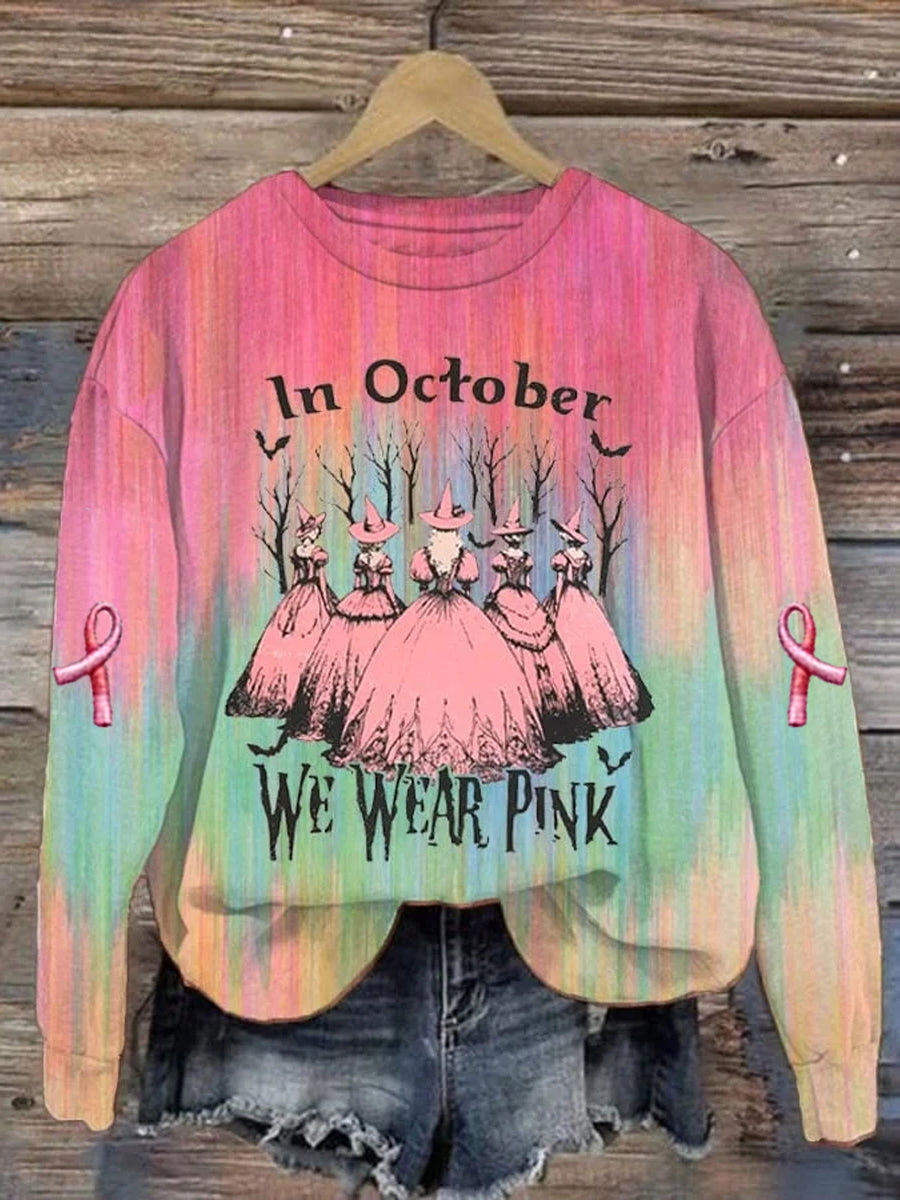 Women's Casual Vintage October We Wear Pink Witch Pink Ribbon  Sweatshirt vetvanguards