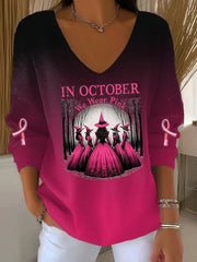 Women's Breast Cancer Awareness We Wear Pink Witch Pit Stripe Long Sleeve Top vetvanguards