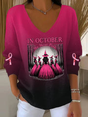 Women's Breast Cancer Awareness We Wear Pink Witch Pit Stripe Long Sleeve Top vetvanguards