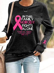 Women's Breast Cancer Awareness "In This Family Nobody Fights Alone" Printed Sweatshirt vetvanguards