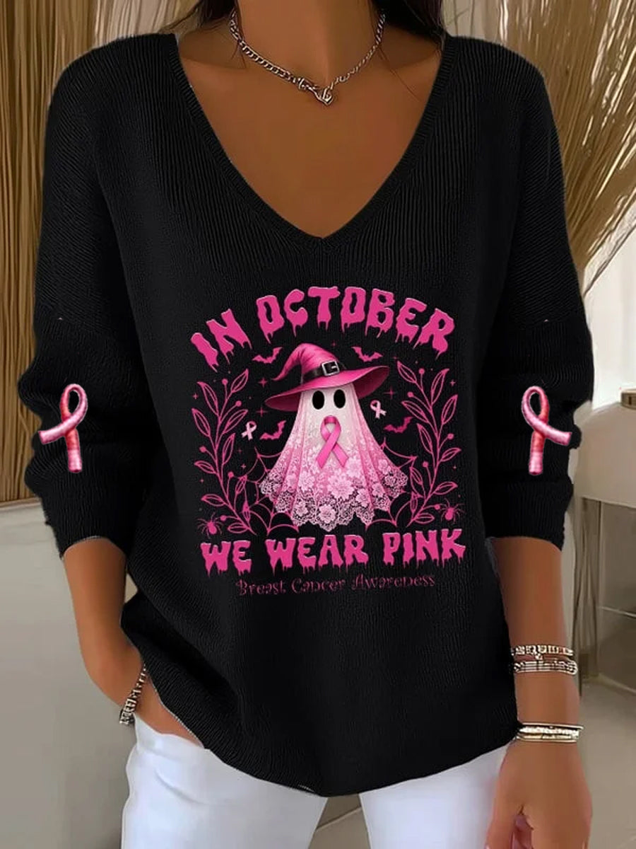 Women's Casual Breast Cancer We Wear October Pink Ghost Pit Stripe Long Sleeve Top vetvanguards