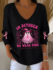 Women's Casual Breast Cancer We Wear October Pink Ghost Pit Stripe Long Sleeve Top vetvanguards