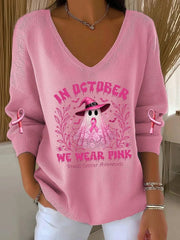 Women's Casual Breast Cancer We Wear October Pink Ghost Pit Stripe Long Sleeve Top vetvanguards