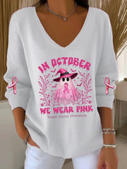 Women's Casual Breast Cancer We Wear October Pink Ghost Pit Stripe Long Sleeve Top vetvanguards