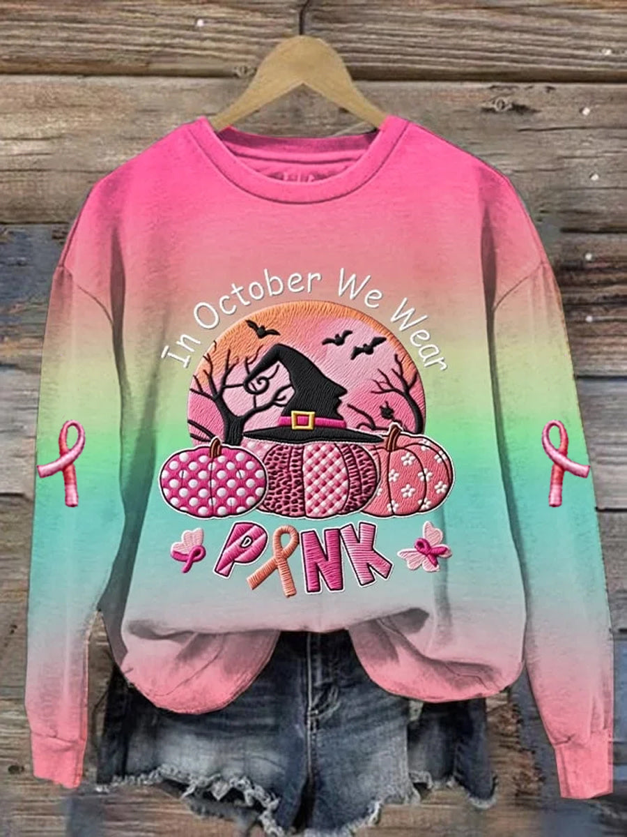 Women's Casual Vintage October We Wear Pink Witch Pumpkin Sweatshirt vetvanguards