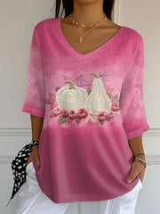 Women's Breast Cancer Awareness Pink Pumpkin Ribbon Printed V-Neck Top vetvanguards