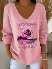 Women's Breast Cancer Awareness  We Wear Pink Witch Pit Stripe Long Sleeve Top vetvanguards