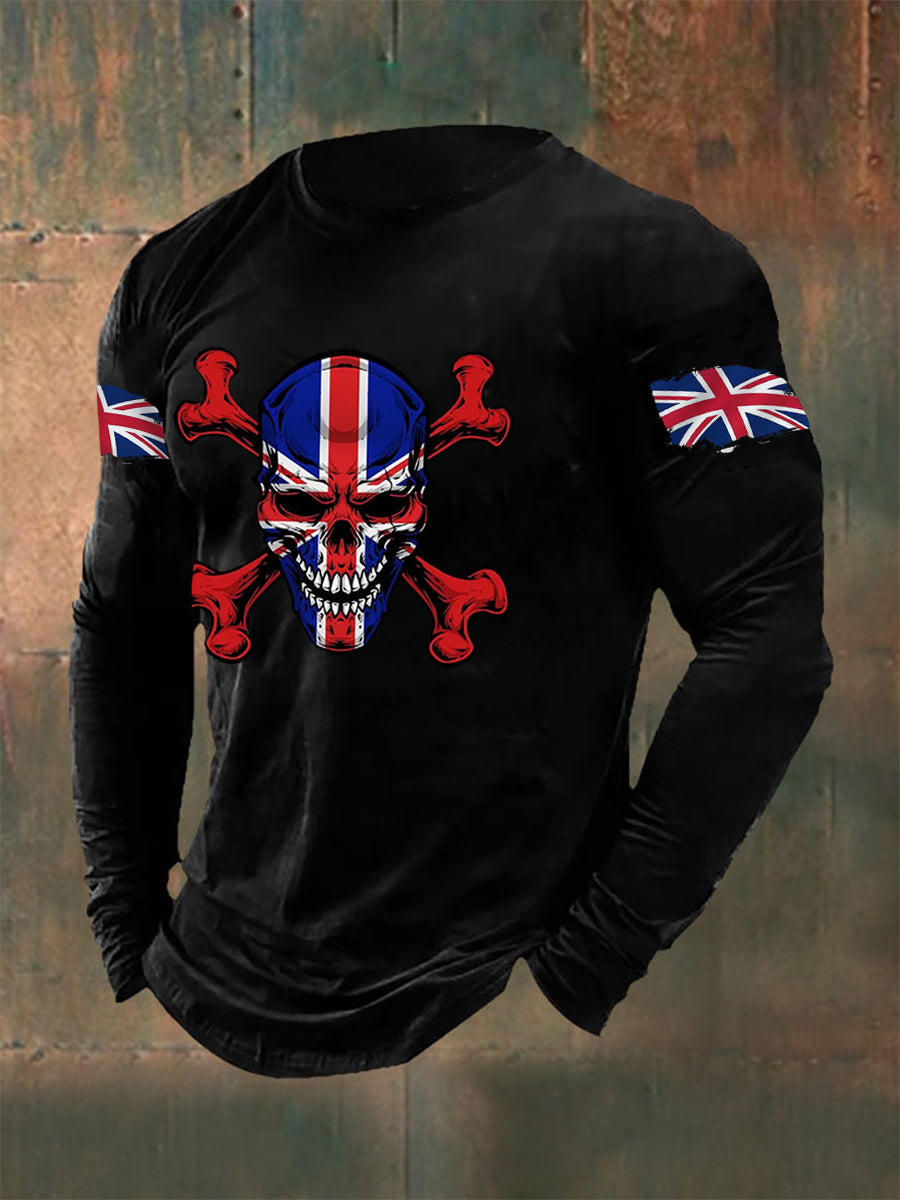 Men's UK Flag Skull Print Casual Long Sleeve T-Shirt vetvanguards