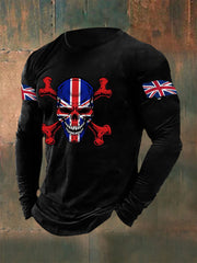 Men's UK Flag Skull Print Casual Long Sleeve T-Shirt vetvanguards