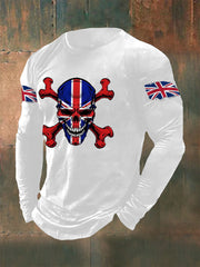 Men's UK Flag Skull Print Casual Long Sleeve T-Shirt vetvanguards