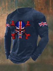 Men's UK Flag Skull Print Casual Long Sleeve T-Shirt vetvanguards
