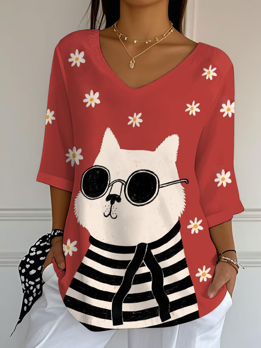 Women's Cat Print Casual Half Sleeve Top vetvanguards