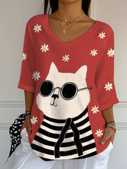 Women's Cat Print Casual Half Sleeve Top vetvanguards