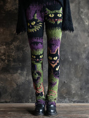 Women's Halloween Spooky Cat Embroidered Knit Leggings vetvanguards