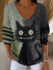 Women's Halloween Cat V-Neck Ribbed Top vetvanguards