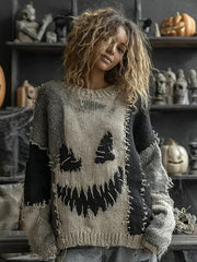 Women's Halloween Spooky Face Stitched Print Sweater vetvanguards