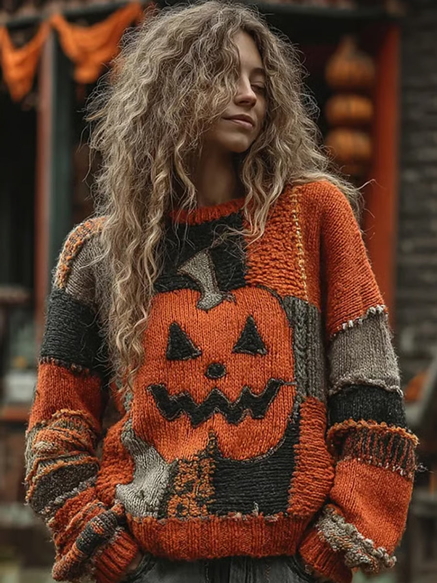 Women's Halloween Pumpkin Face Stitched Print Sweater vetvanguards