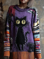 Women's Halloween Black Cat Embroidered Patchwork Long Knitted Sweater vetvanguards
