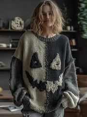 Women's Halloween Spooky Face Stitched Print Sweater vetvanguards