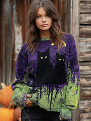 Women's Halloween Black Cat Art Women's Knitted Sweater vetvanguards