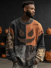 Men's Halloween Spooky Face Stitched Print Sweater vetvanguards