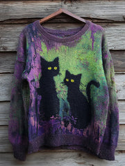 Women's Halloween Black Cat Color Clash Knitted Sweater vetvanguards
