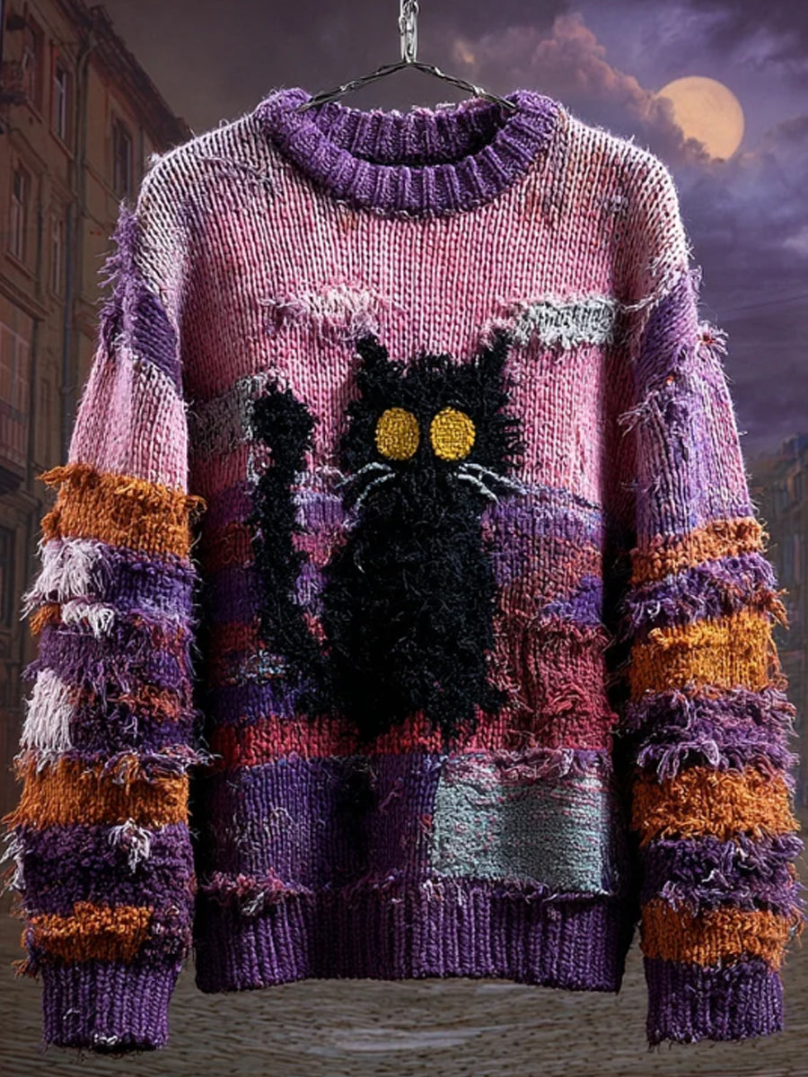 Women's Halloween Black Cat Embroidered Patchwork Cozy Knitted Sweater vetvanguards
