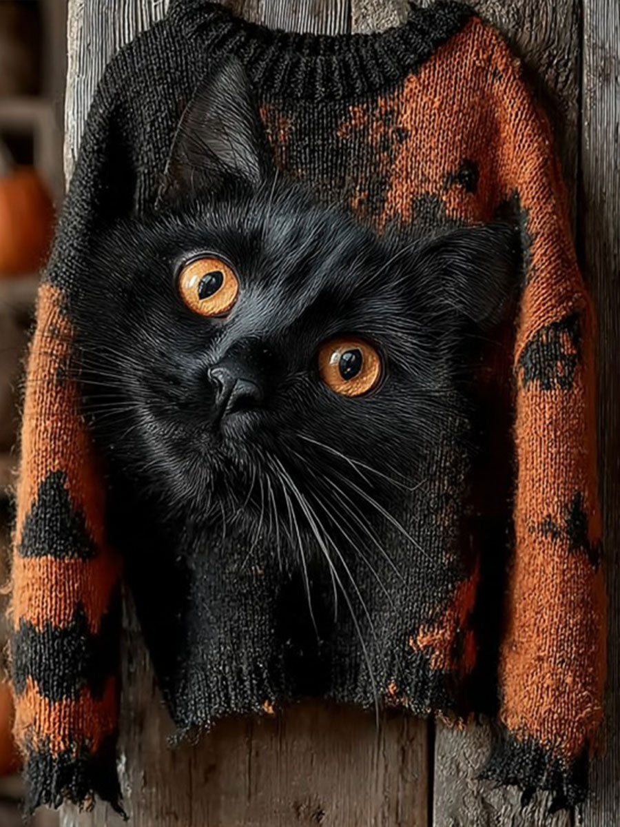 Women's Halloween Black Cat Knitted Sweater vetvanguards