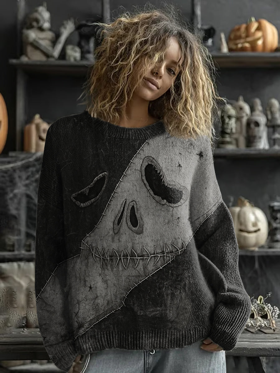 Women's Halloween Spooky Face Stitched Print Sweater vetvanguards