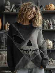 Women's Halloween Spooky Face Stitched Print Sweater vetvanguards
