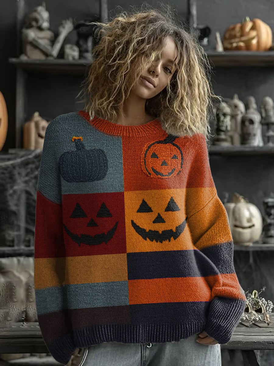Women's Halloween Pumpkin Face Stitched Print Sweater vetvanguards