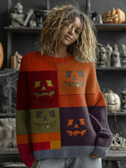 Women's Halloween Pumpkin Face Stitched Print Sweater vetvanguards