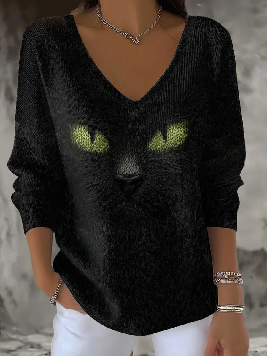 Women's Halloween Cat V-Neck Ribbed Top vetvanguards
