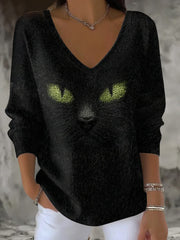 Women's Halloween Cat V-Neck Ribbed Top vetvanguards