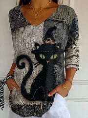 Women's Halloween Black Cat Print Top vetvanguards