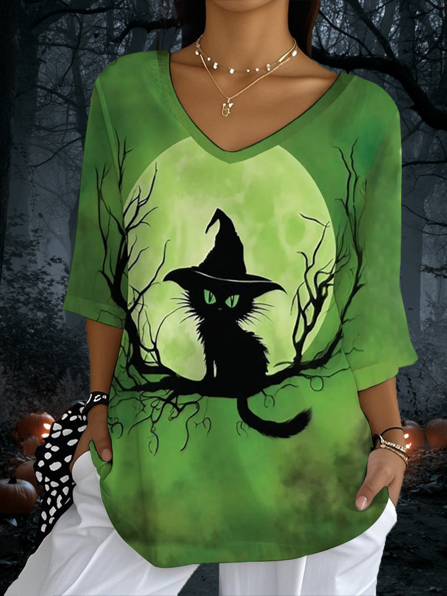 Women's Halloween Black Cat Print  Half-Sleeve T-Shirt vetvanguards