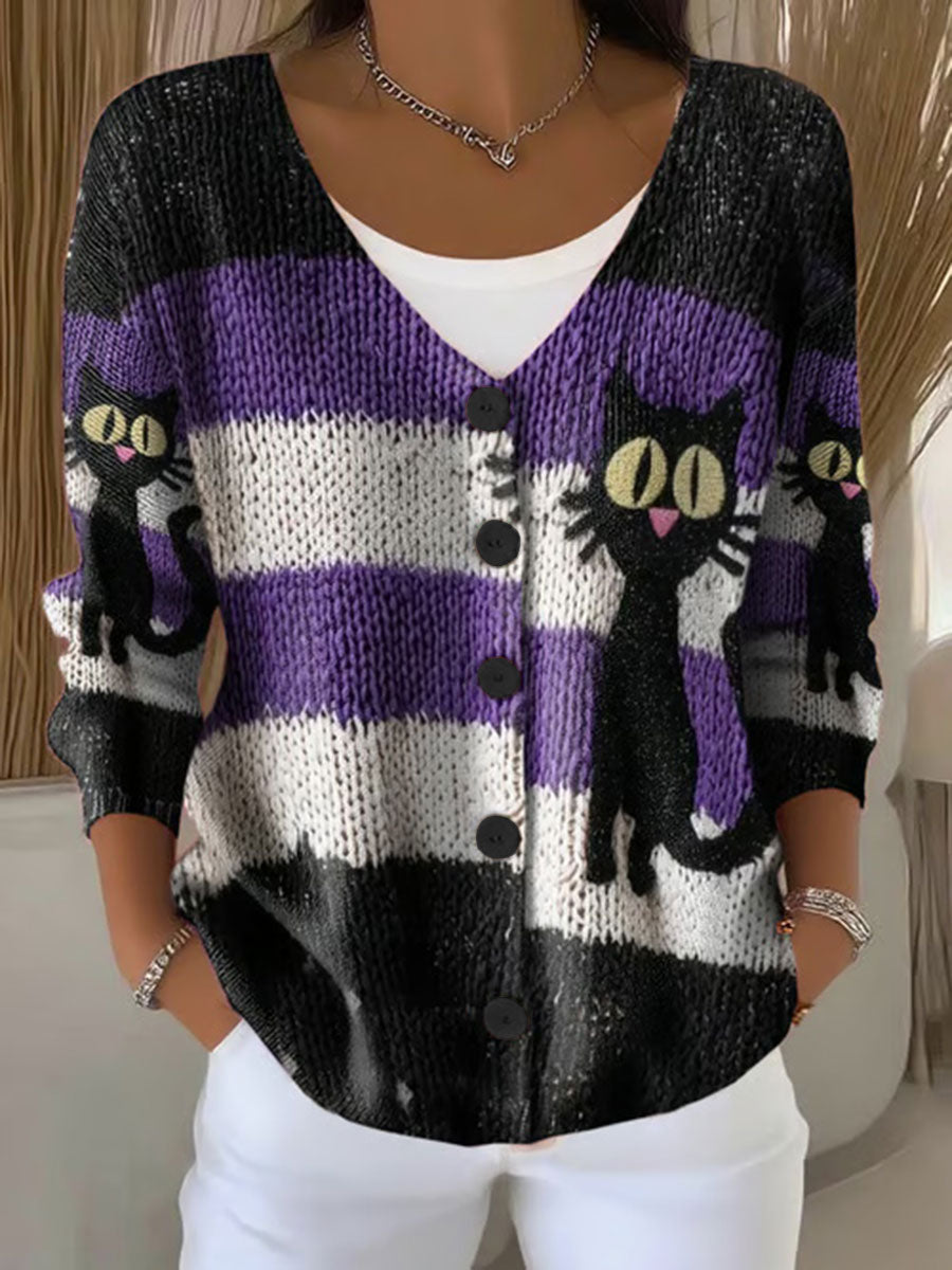Women's Halloween Cat Print Casual Cardigan vetvanguards