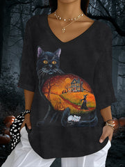 Women's Halloween Black Cat Print Half-Sleeve T-Shirt vetvanguards