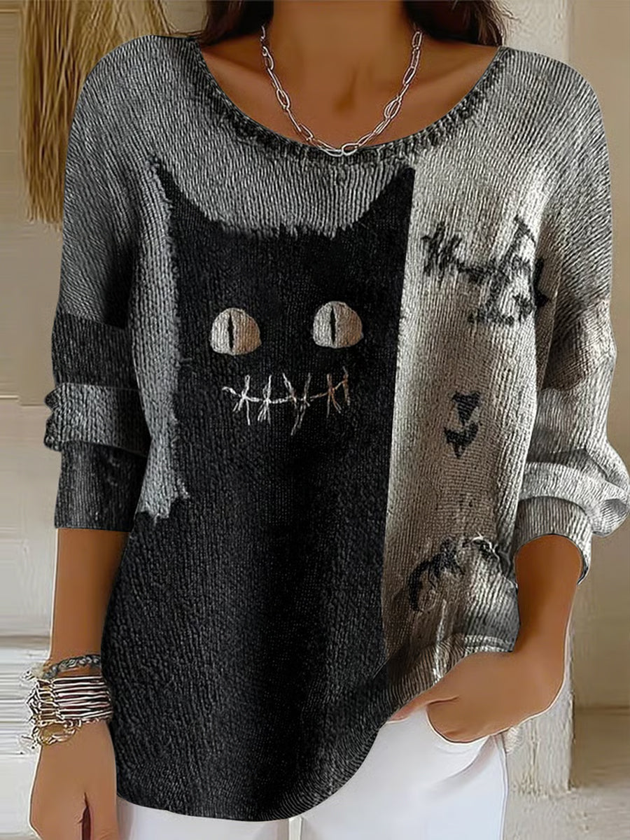 Women's Halloween Black Cat Print Top vetvanguards