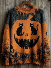 Women's Halloween Pumpkin Black Cat Knitted Sweater vetvanguards