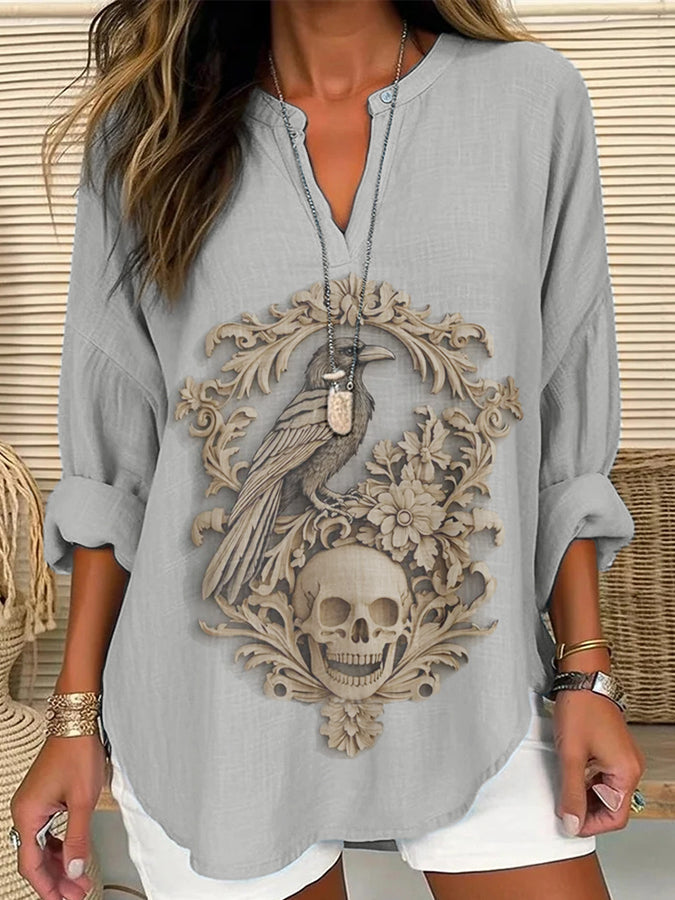 Women's Halloween 3D Gothic Crow Casual Long Sleeve Shirt vetvanguards