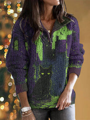 Women's Halloween Spooky Cat Embroidery Knit Zipper Sweater vetvanguards