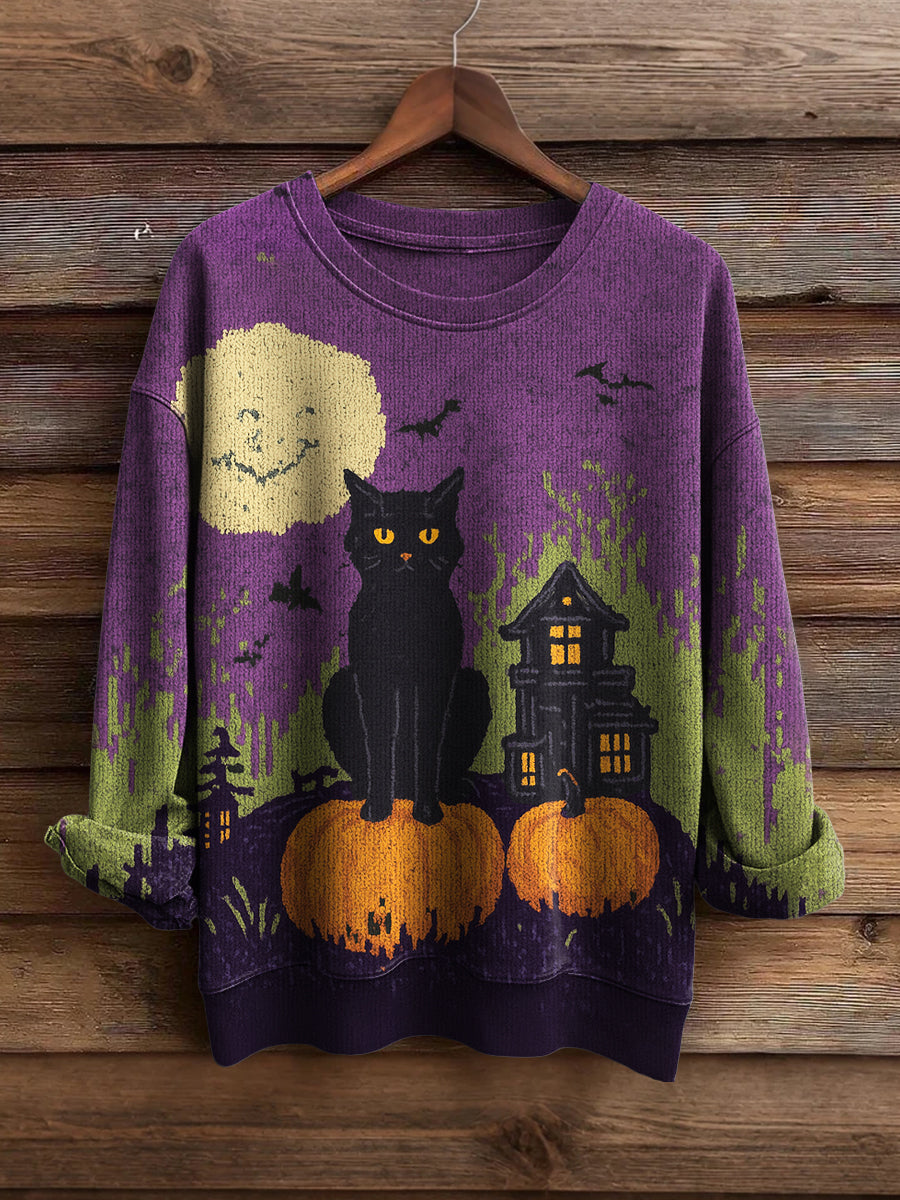 Women's Halloween Cat Print Casual Sweatshirt vetvanguards