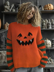 Women's Halloween Pumpkin Face Print Casual Sweatshirt vetvanguards