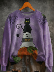 Women's Halloween Black Cat Ghost Regular Sweatshirt vetvanguards