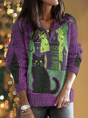 Women's Halloween Spooky Cat Embroidery Knit Zipper Sweater vetvanguards