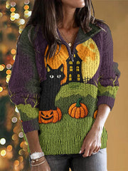 Women's Halloween Spooky Cat Embroidery Knit Zipper Sweater vetvanguards