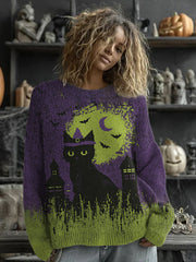Women's Halloween Black Cat Print Casual Sweatshirt vetvanguards