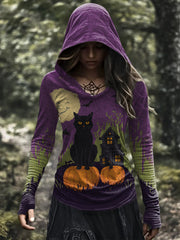 Women's Halloween Cat Print Casual Hoodie vetvanguards