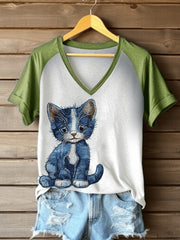 Women's Denim Cat Print V-neck T-shirt vetvanguards